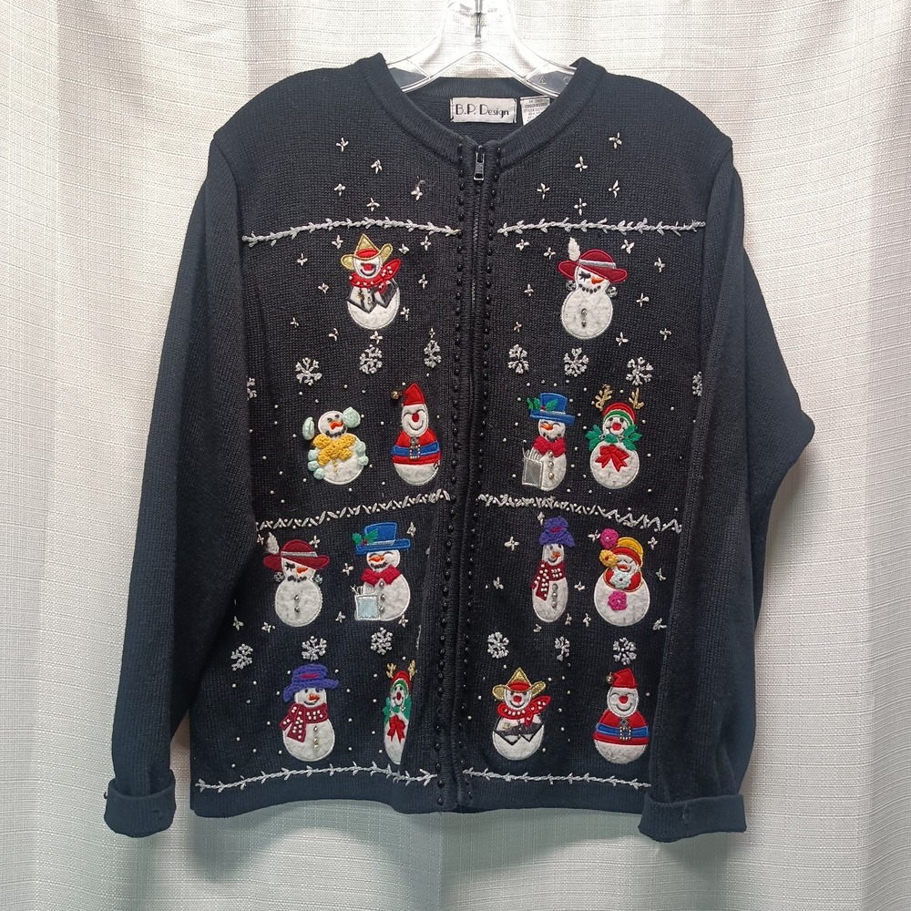 BP Designs Black Snowman Christmas Cardigan Womens L‎ Sweater 90s Full Zip Knit